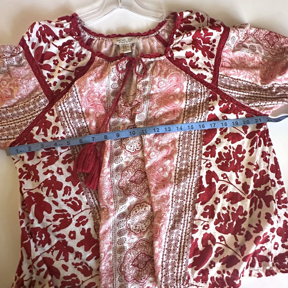 Rachel Zoe Mixed Print Peasant Top Womens XL Red Tassels Boho Balloon Sleeves - Picture 7 of 9
